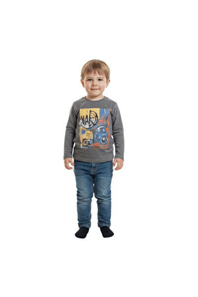 Çikoby Boy's Printed Long Sleeve Sweatshirt Dark Gray 100% Cotton