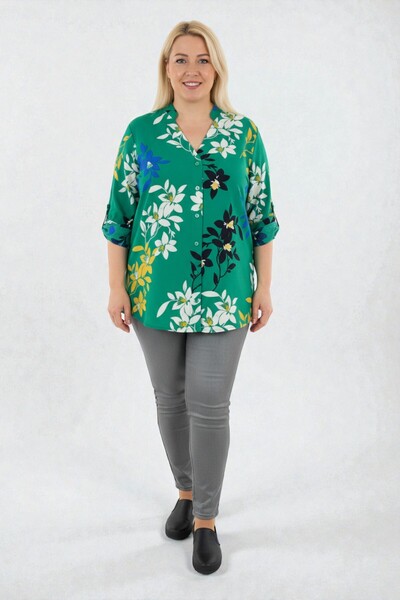 vividbutik Large Size Leaf Patterned Green Shirt