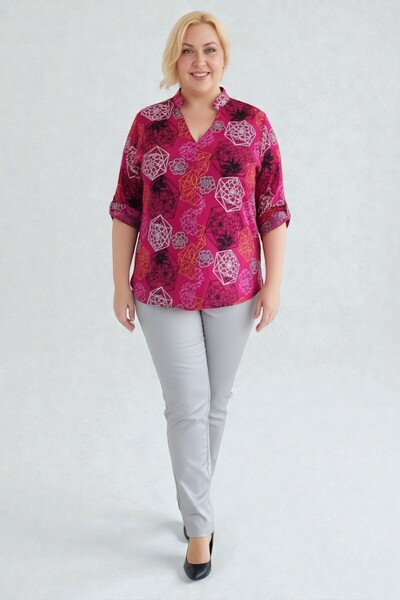 vividbutik Plus Size Patterned Burgundy Shirt