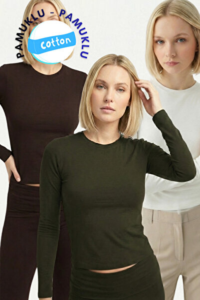 VODENS Beyaz Kahve Haki 3'lü Bisiklet Yaka Basic Ultra Soft %100 Pamuk Uzun K...