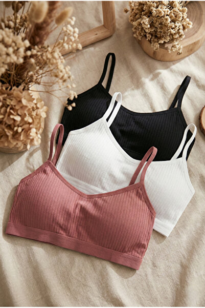 underwear bodyway Esnek Ribana İnce Askılı Fitilli Büstiyer 3’lü Paket (Siyah...