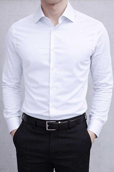 ZENGOLL & RAMİRES قميص رجالي أبيض بقصة ضيقة وياقة صلبة وأكمام طويلة