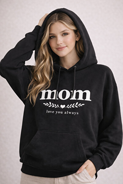 ocke هوديي للجنسين باللون الأسود MOM مطبوع مزود بجيب كنغر