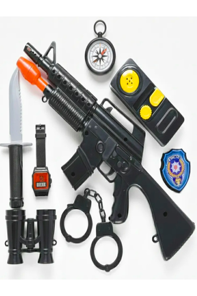 a v d a Büyük Polis Seti Asker Seti Oyuncak Sesli Tüfek + Dürbün + Bomba + Kelepçe + Rozet + Pusula