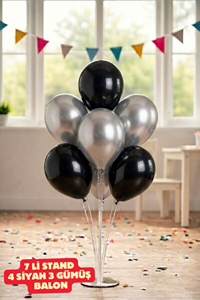 Baloncu Nene 70 Cm 7 Li Balon Standı 4 Siyah 3 Gümüş Parlak Balon Kutlama Doğ...