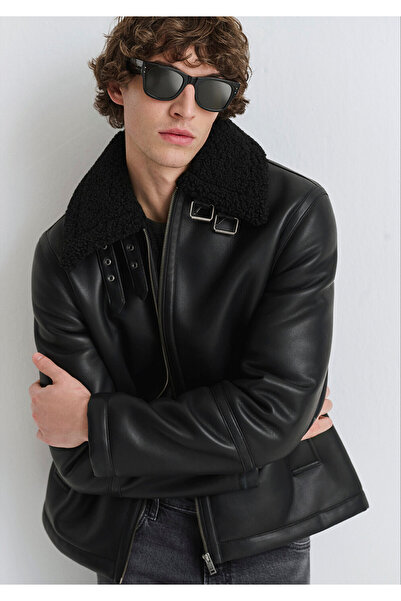 Mavi Schwarze Kunstlederjacke mit Kunstfellbesatz, reguläre Passform / normaler Schnitt 0110670-71379