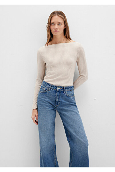 Mavi Uzun Kollu Geniş Yaka Bej Tişört Slim Fit / Dar Kesim 1613596-85576