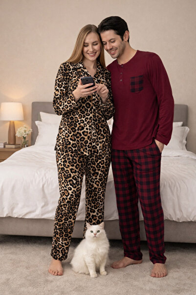 YASMİN طقم بيجامة نسائية من قماش السويد بنقشة الفهد