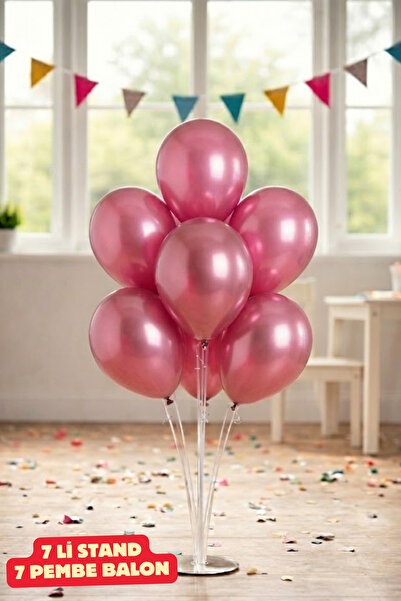 Baloncu Nene 70 Cm 7 Li Balon Standı 7 Adet Pembe Parlak Balon Kutlama Doğum ...