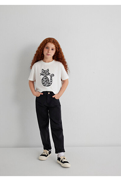 Mavi pisică cu imprimeu Tricou Ecru Loose Fit / Lejer Confortabil croială 7610360-70057