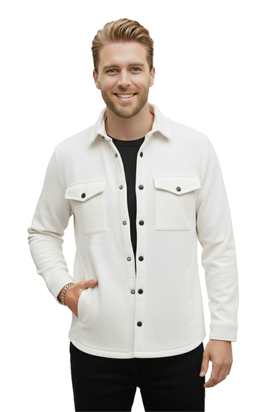 DeepSEA Ανδρικό λευκό πλεκτό χοντρό υφασμάτινο πουκάμισο γιακά με κουμπωτές τ...