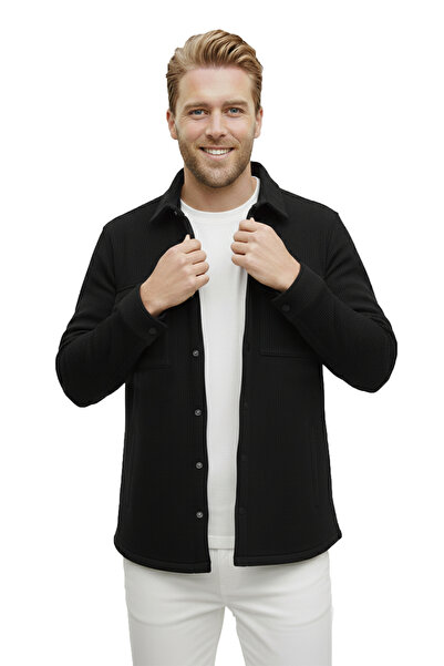 DeepSEA Men's Black Knitted Fabric Shirt Collar Pocket Snap Fastener Slim Fit...