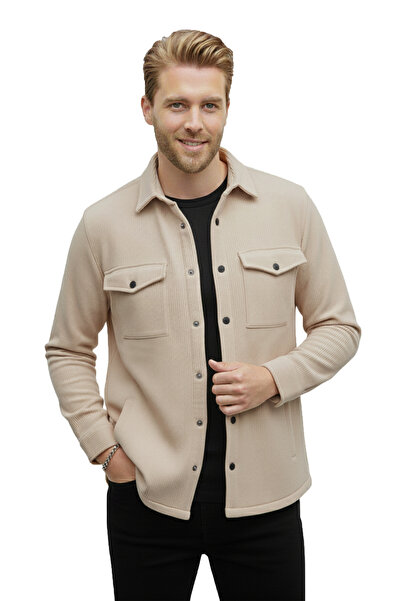 DeepSEA Ανδρικό μπεζ πλεκτό υφασμάτινο πουκάμισο με γιακά τσέπη Αθλητικό μπου...