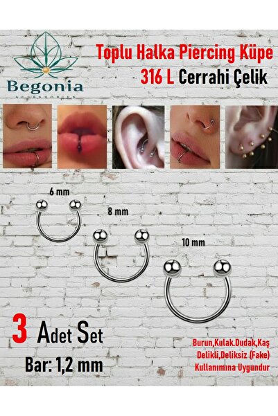 Öte Beri ÖteBeri 316l Cerrahi Çelik Helix, Septum,Kıkırdak,Smiley,Tragus 6mm, 8mm, 10mm 3 Adet Halka Piercing