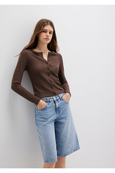 Mavi Button Detailed Brown Long Sleeve T-Shirt Fitted / Bodycon Cut 1613330-88067