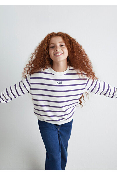 Mavi Logo bedruckter lilafarbener gestreifter Sweatshirt 7S10038-88138