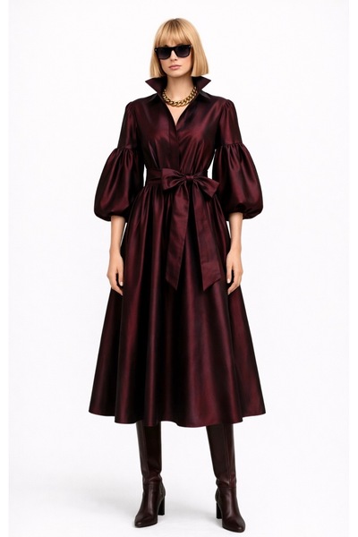 MERT ERKAN Midi Taffeta Shirt Dress with Balloon Sleeves and Belted
