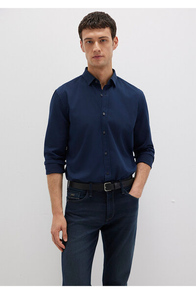 Mavi TENCEL ™ ) Liyosel gemischtes marineblaues Hemd, schmale Passform / schm...