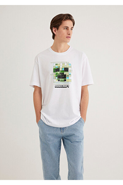 Mavi Minecraft Baskılı Beyaz Tişört Loose Fit / Bol Rahat Kesim 0612734-620