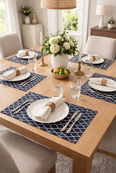 ALAMODECOR Lacivert Modern Geometrik Desenli 6’lı Amerikan Servis Takımı Bask...