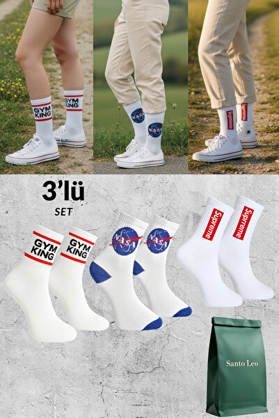 SANTO LEO 3 Pairs White Cotton Tennis College Socks Socket Socks