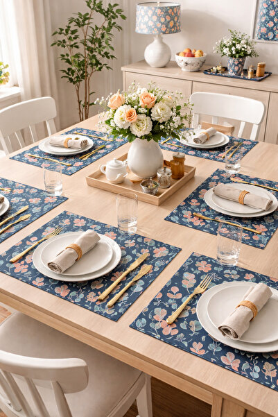 ALAMODECOR 6’lı Yaprak Desenli Kumaş Amerikan Servis Seti – Lacivert Zemin