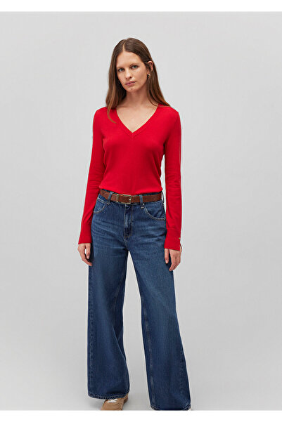 Mavi V Yaka Kırmızı Kazak Slim Fit / Dar Kesim 1710509-80791