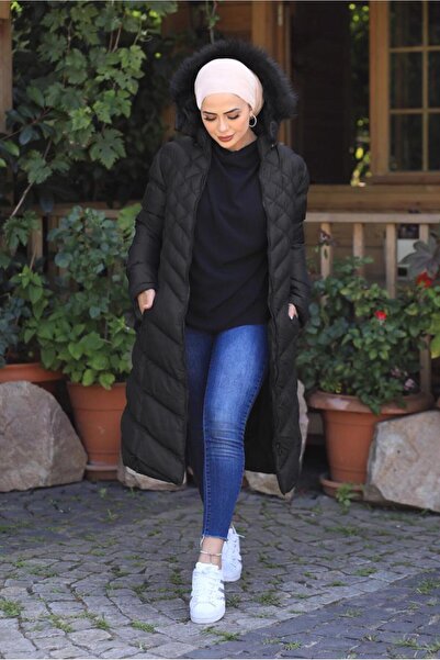 TRENDTESETTÜR KADIN SİYAH KAPÜŞONLU ŞİŞME KABAN 0041