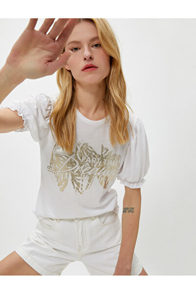 Koton Μπλουζάκι με λαιμόκοψη με λεπτομέρεια εκτύπωσης με φύλλο με μανίκια μπα...