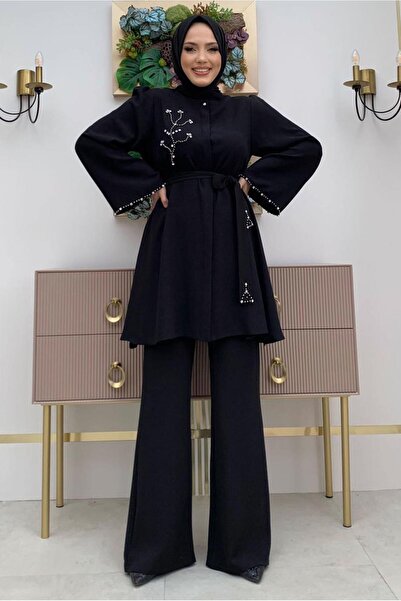 TRENDTESETTÜR KADIN SİYAH TAŞ İŞLEME DETAYLI KUŞAKLI KREP TAKIM T 2348