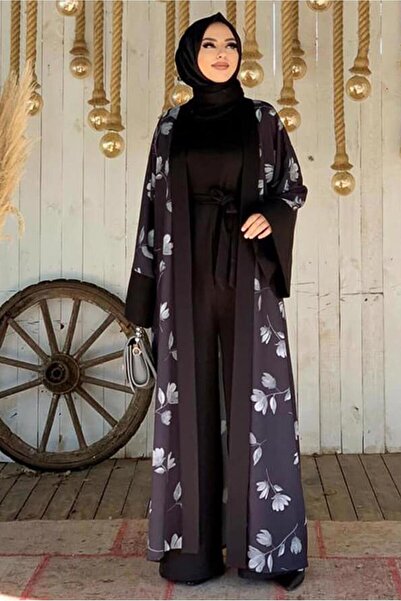 TRENDTESETTÜR بدلة نسائية سوداء منقوشة بالزهور T 2138