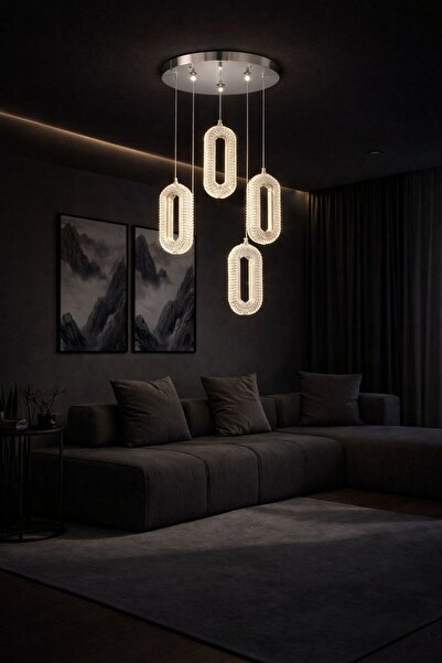 AURA LIGHTING Krom 4'Lü Elips Akrilik Kristal Sarkıt 3 Renk LED Modern Avize (Beyaz Sarı Günışığı)