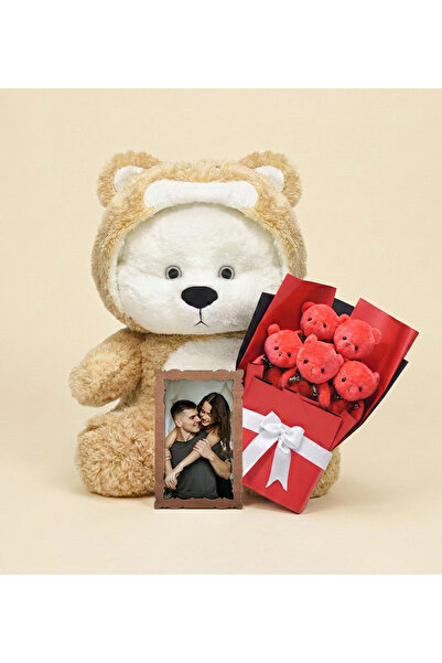 Özgüner Oyuncak هدية عيد الحب - دمية دب ناعمة بطول 90 سم، باقة صغيرة وإطار زخرفي