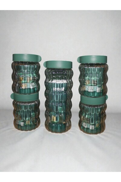 WDA Glass Spice Jars with Green Lids, Storage Container Set, 5 Pieces