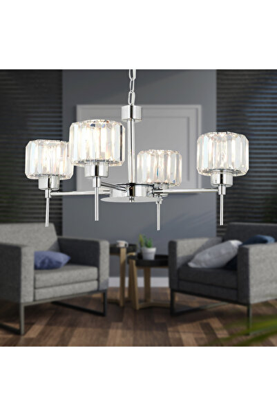 Apliqa Sadem 4 Lü Krom Kaplama Kristalli Taşlı Modern Tasarım Salon-Yatak Odası-Oturma Odası Kristal Avize