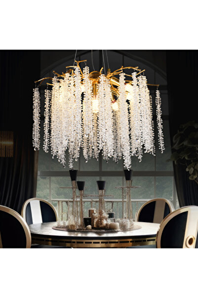 Apliqa Dina Serip Gold Kaplamalı Modern Tasarım Salon Kristal Sarkıt Avize