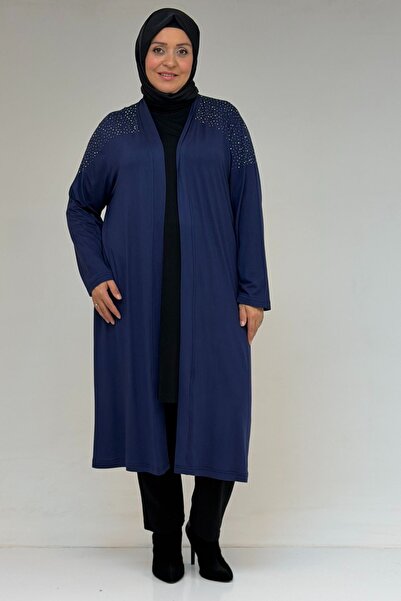 Eslina 53069 Plus Size Shoulder Stone Detailed Combed Cotton Jacket - Indigo