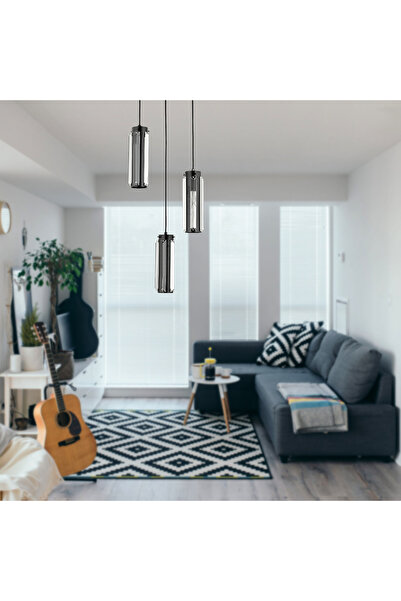 Apliqa Natali 3 Lü Siyah Kristalli, Taşlı Modern Tasarım Kristal Salon Sarkıt...