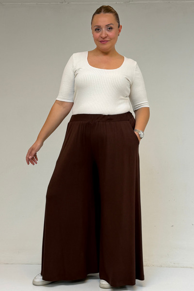 Eslina 49003 بنطلون تنورة من القطن الممشط بخصر مطاطي مقاس كبير - بني