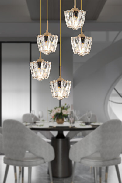 Apliqa Fernando 5 Li Yuvarlak Eskitme Kristal Taşlı Salon Avize