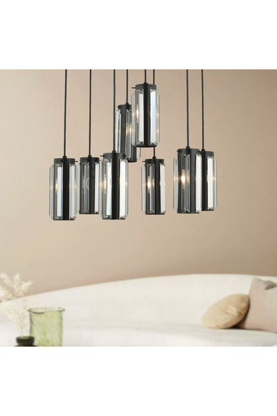 Apliqa Natali 8 Li Yuvarlak Siyah Modern Kristalli, Taşlı Modern Tasarım Kristal Salon Sarkıt Avize