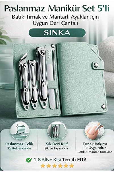 SİNKA Paslanmaz Manikür Set 5'li Batık Tırnak Ve Mantarlı Ayaklar İçin Uygun Deri Çantalı