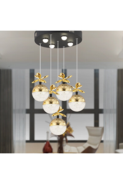 Apliqa Lokken 5'li Yuvarlak 50 Watt Gold Kristal Ledli Modern Oturma Odası Salon Sarkıt Avize