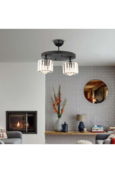 Apliqa Sabrina 2Li Siyah Kristalli Taşlı Modern Tasarım Kristal Salon Plafony...