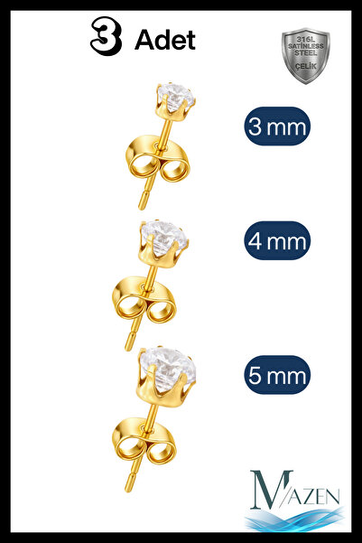 MAZEN 3 قطع ذهبية اللون 3 أقراط سوليتير من الفولاذ بحجم مختلف - مضادة للحساسية