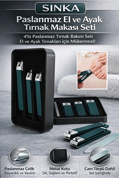 SİNKA Paslanmaz El Ayak Tırnak Makası Metal Kutu Cam Törpü 4'lü Set