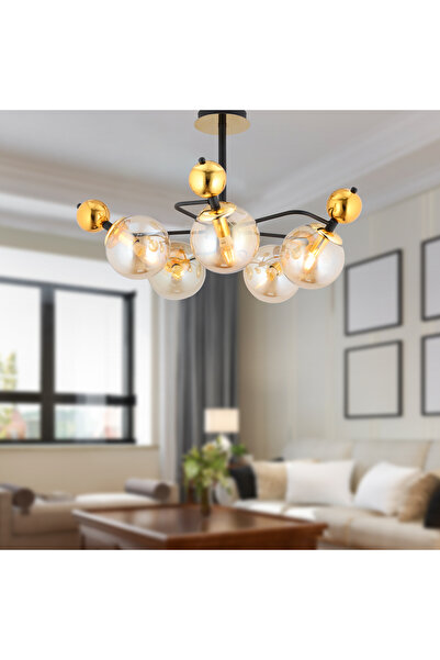 Apliqa Florit 5'li Siyah Gold Modern Oturma Odası Salon Avize