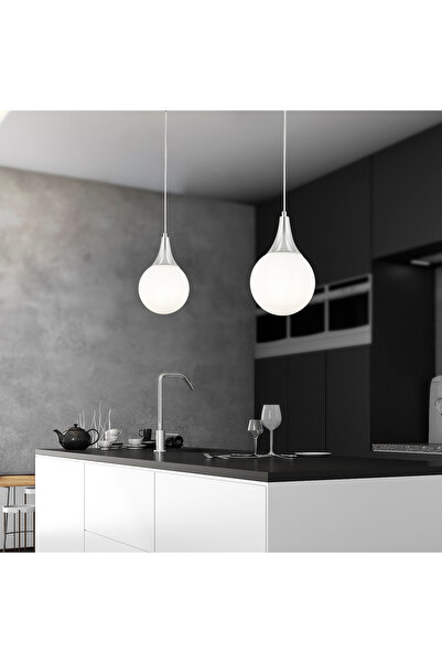 Apliqa Damla Tekli Krom Beyaz Camlı 2Li Modern Sarkıt Mutfak Salon Avize  Seti