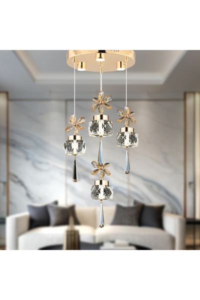 Apliqa Amaris 4'lü Yuvarlak 3 Renkli 52 Watt Gold Kelebek Led Avize Kristal Ledli Modern Oturma Odası Salon