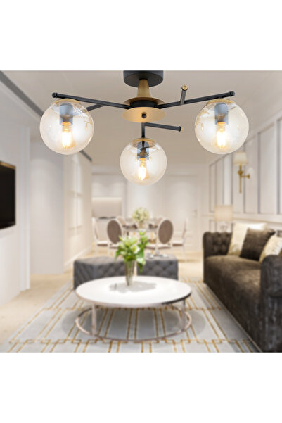 Apliqa Peyda 3'lü Siyah Eskitme Bal Camlı Modern Koridor Yatak Odası Salon Avize